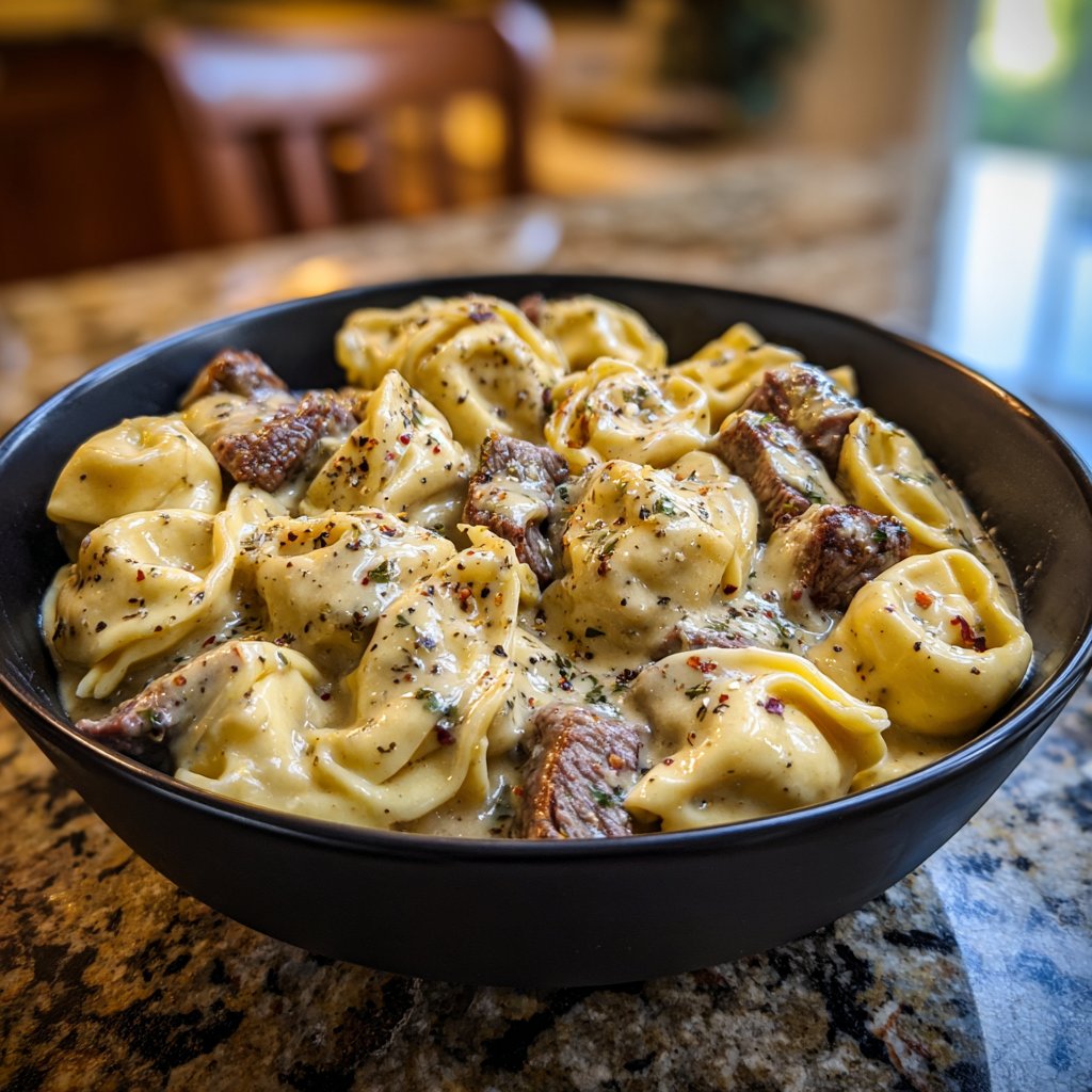 Garlic Steak Tortellini with Creamy Peppercorn Sauce