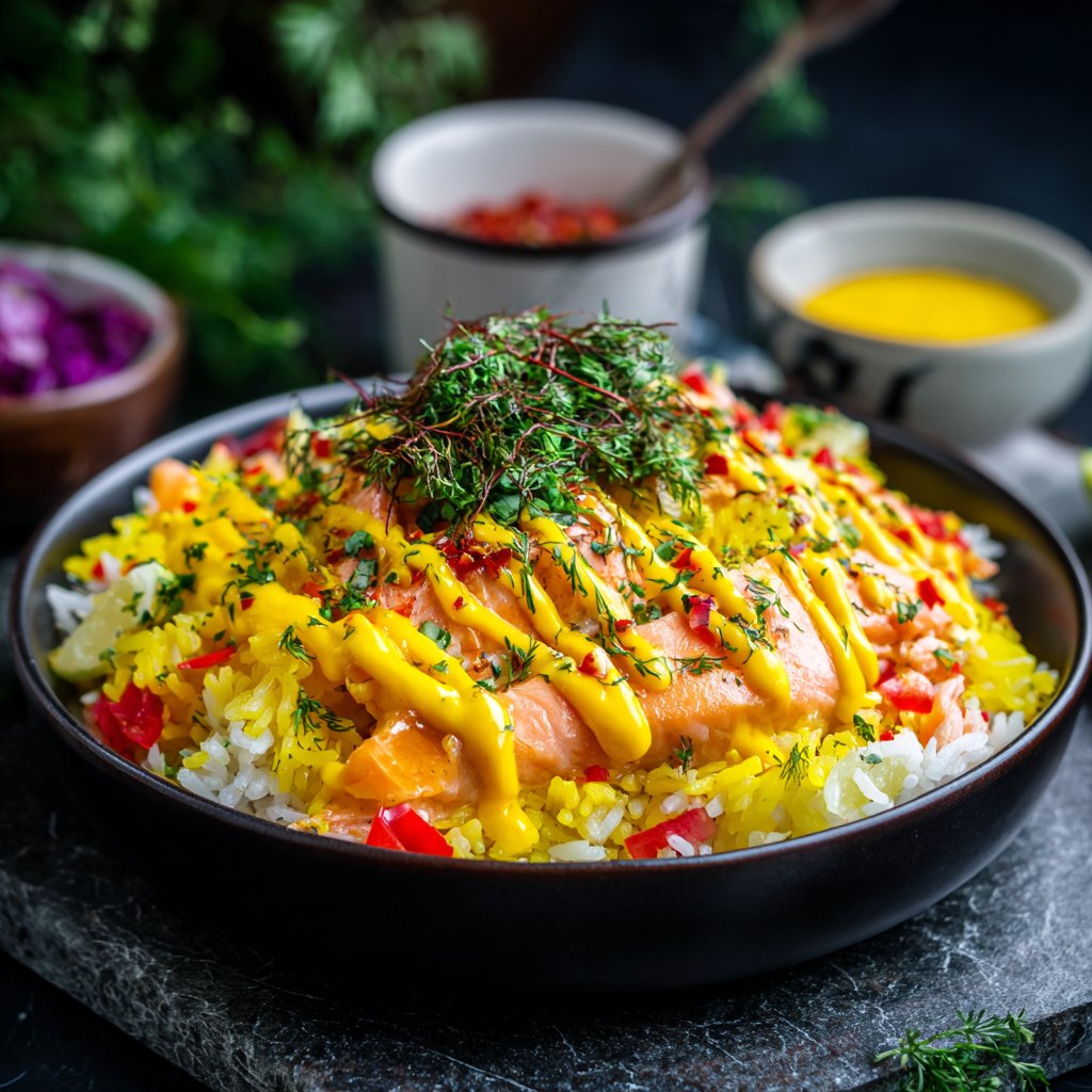 Saffron Lime Salmon Rice Bowl